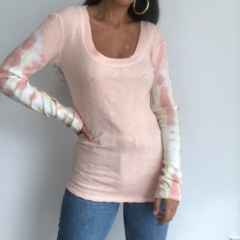 Free People Pale Pink Tie-Dye Sleeve Scoop Neck Top